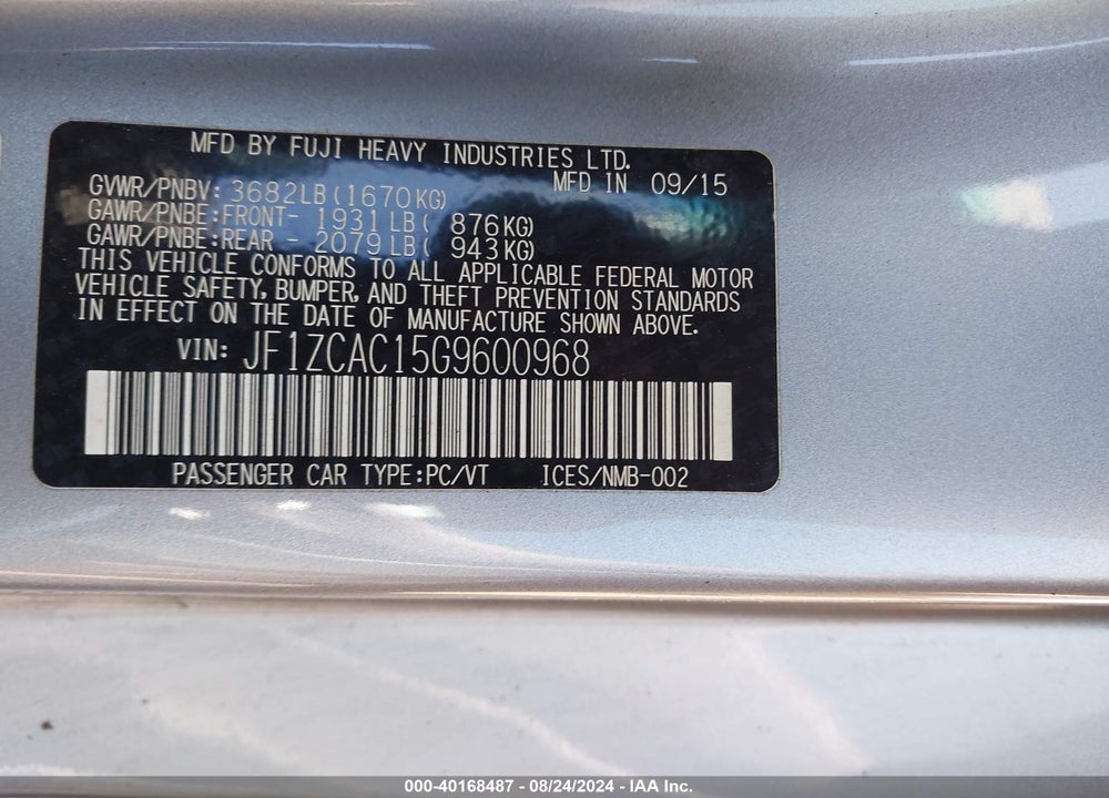 2016 SUBARU BRZ LIMITED VIN: JF1ZCAC15G9600968