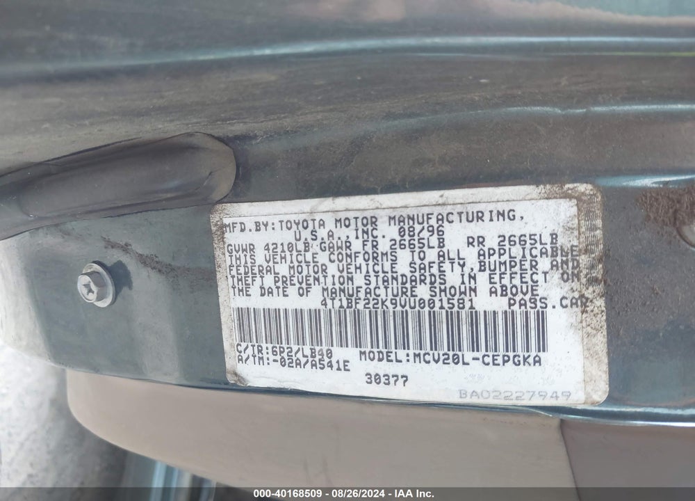 1997 TOYOTA CAMRY XLE V6 VIN: 4T1BF22K9VU001581