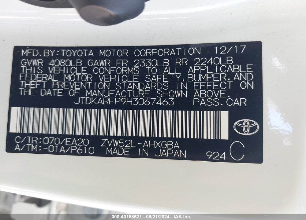 2017 TOYOTA PRIUS PRIME ADVANCED VIN: JTDKARFP9H3067463