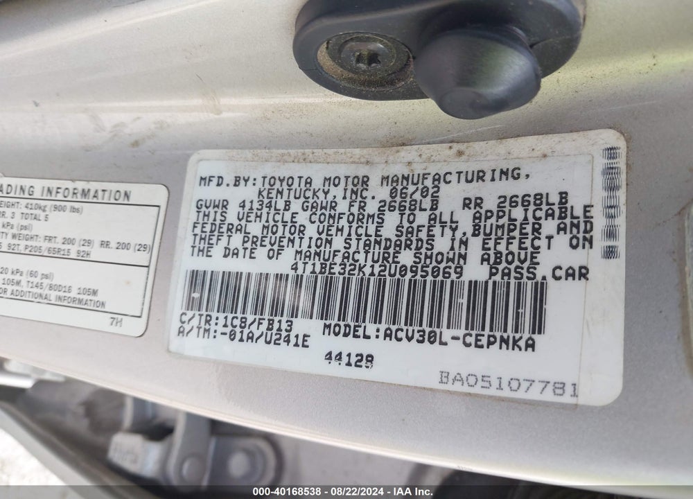 2002 TOYOTA CAMRY LE VIN: 4T1BE32K12U095069
