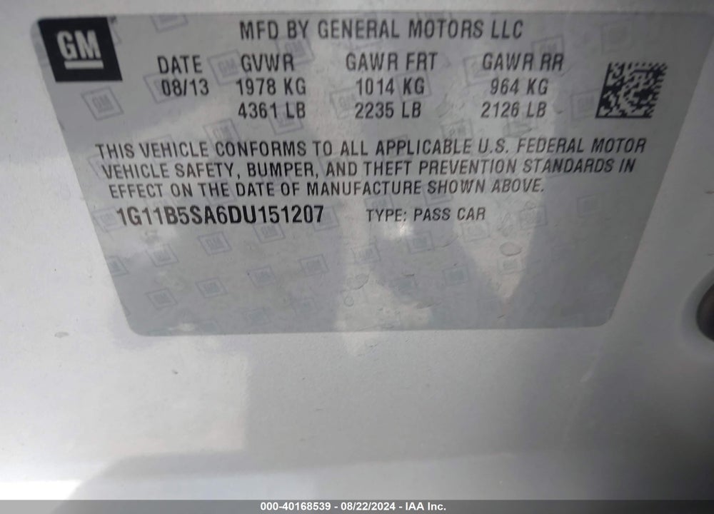 2013 CHEVROLET MALIBU VIN: 1G11B5SA6DU151207