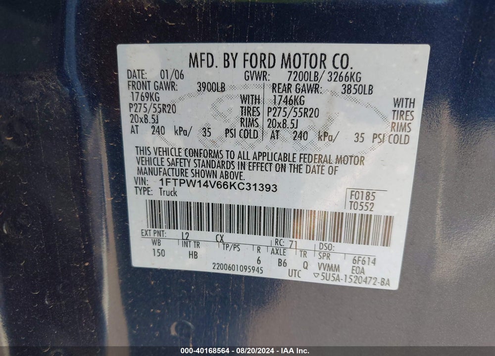 2006 FORD F-150 FX4/LARIAT/XLT VIN: 1FTPW14V66KC31393