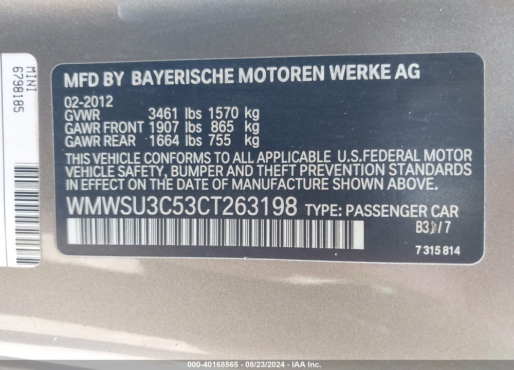 2012 MINI COOPER VIN: WMWSU3C53CT263198