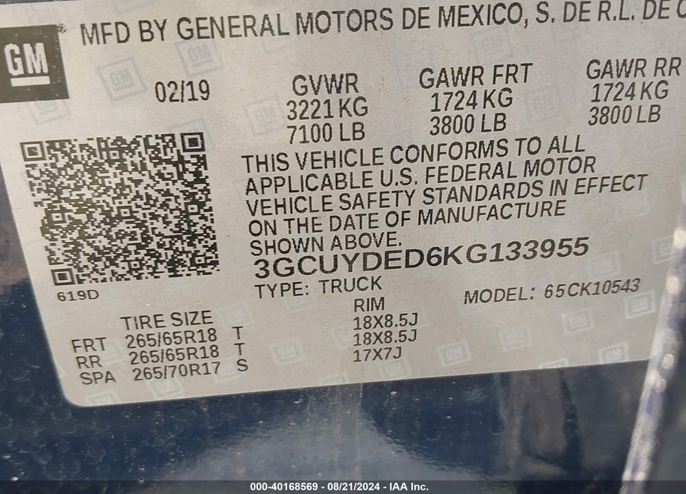 2019 CHEVROLET SILVERADO 1500 LT VIN: 3GCUYDED6KG133955