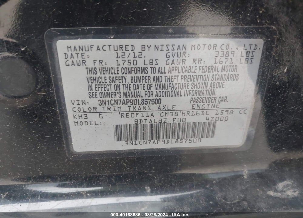 2013 NISSAN VERSA 1.6 SV VIN: 3N1CN7AP9DL857500