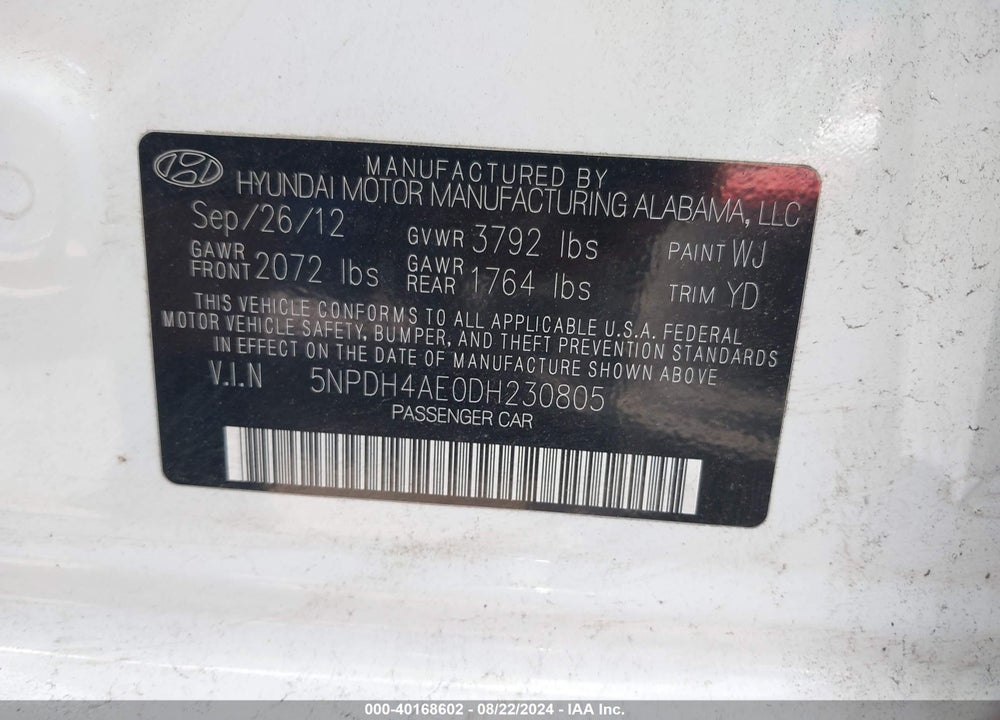 2013 HYUNDAI ELANTRA LIMITED VIN: 5NPDH4AE0DH230805