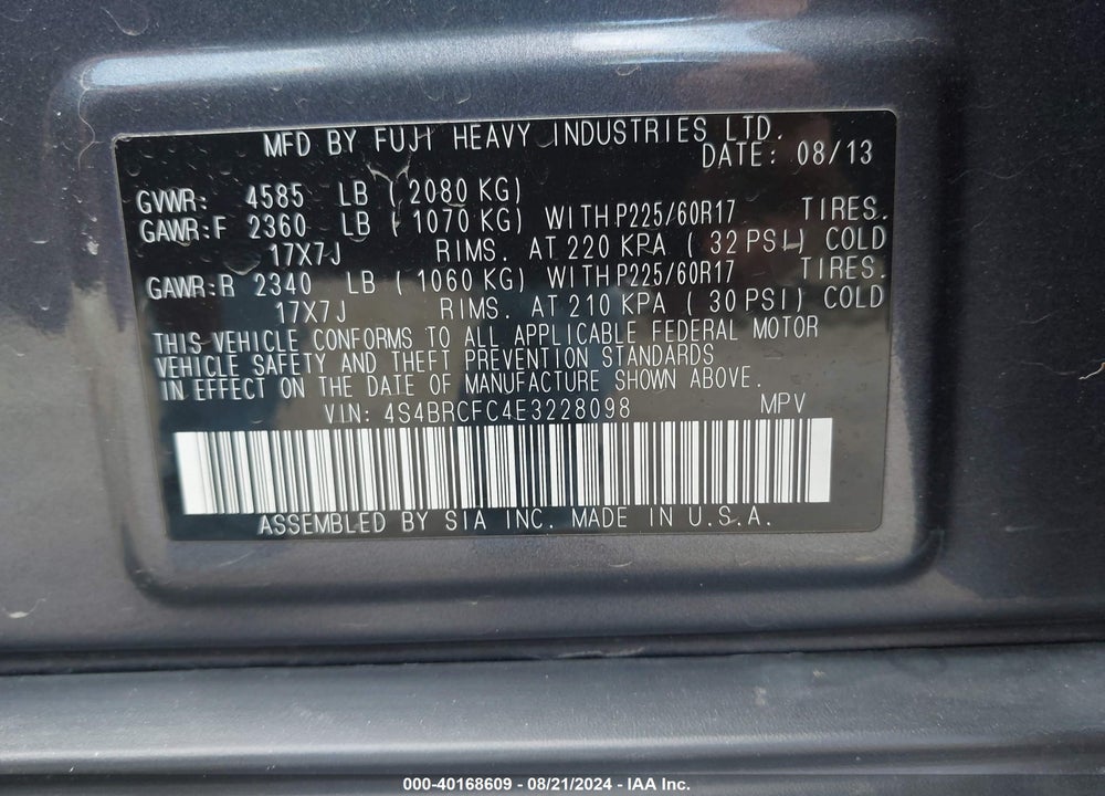 2014 SUBARU OUTBACK 2.5I PREMIUM VIN: 4S4BRCFC4E3228098