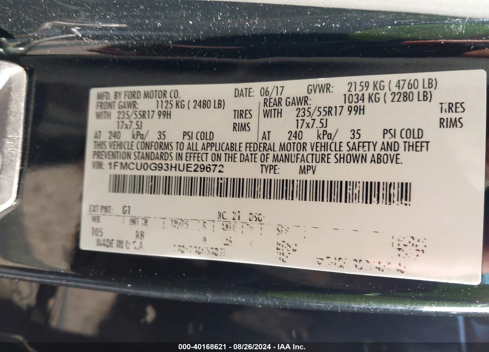2017 FORD ESCAPE SE VIN: 1FMCU0G93HUE29672