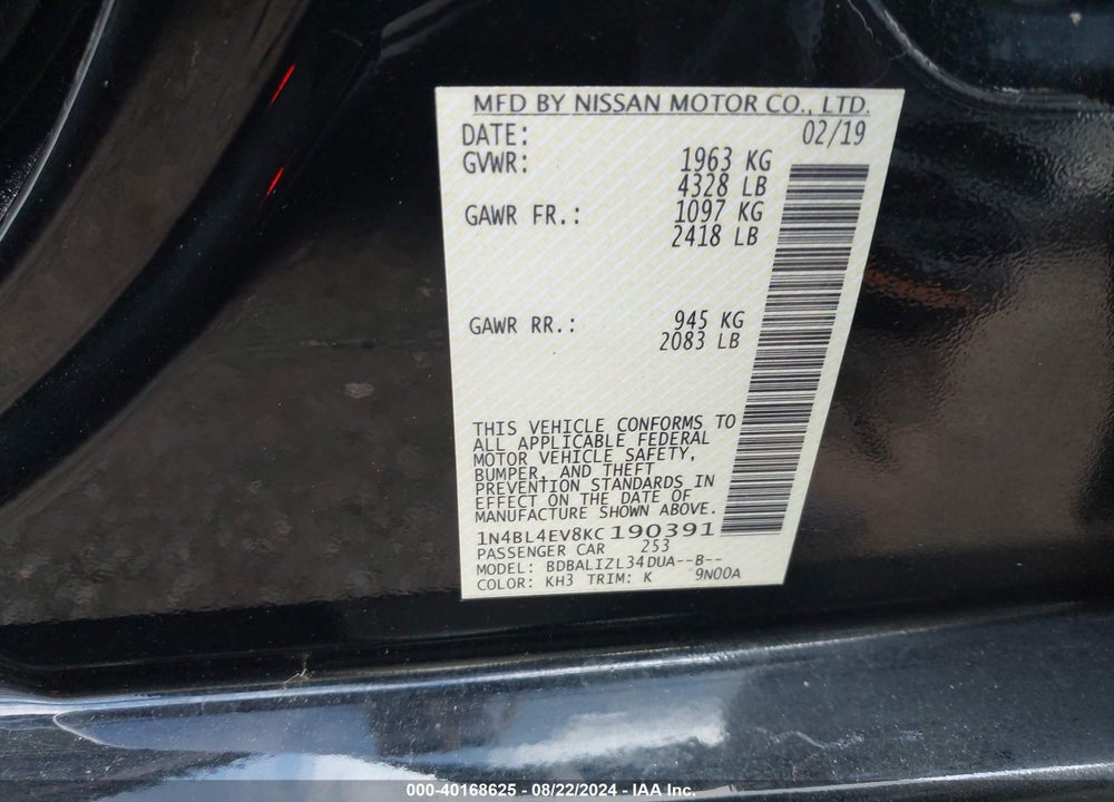 2019 NISSAN ALTIMA 2.5 SL VIN: 1N4BL4EV8KC190391