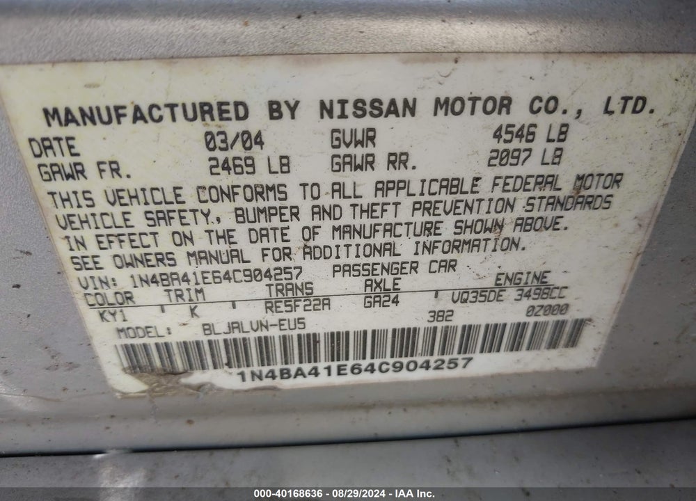 2004 NISSAN MAXIMA 3.5 SE VIN: 1N4BA41E64C904257