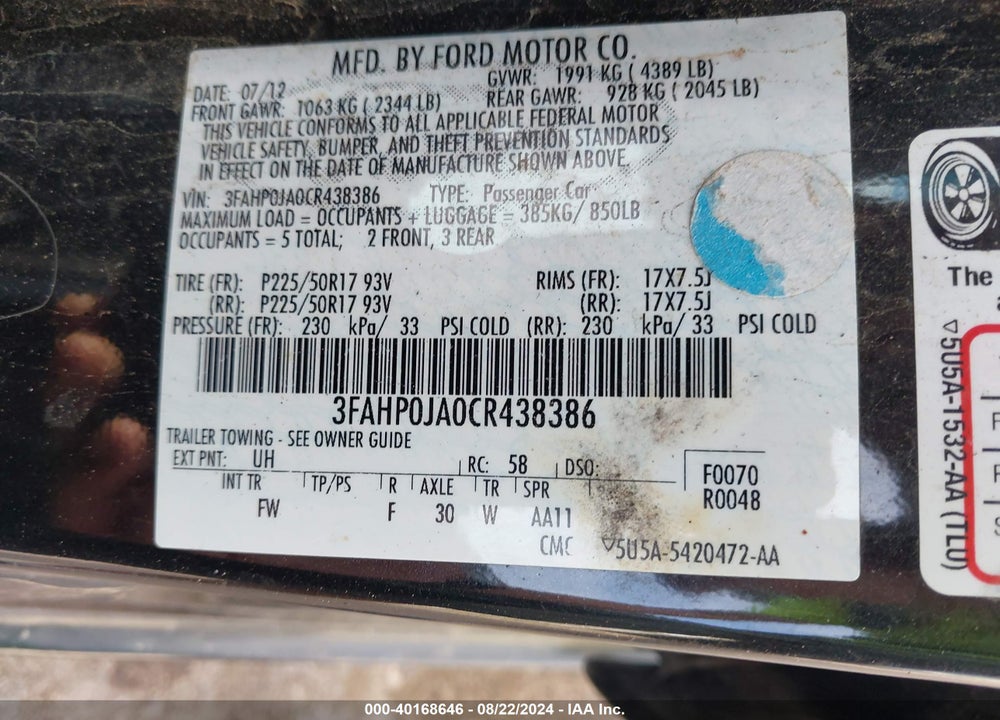2012 FORD FUSION VIN: 3FAHP0JA0CR438386