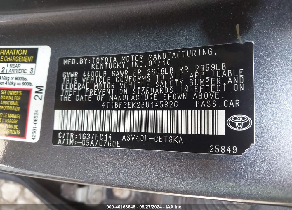 2011 TOYOTA CAMRY SE VIN: 4T1BF3EK2BU145826