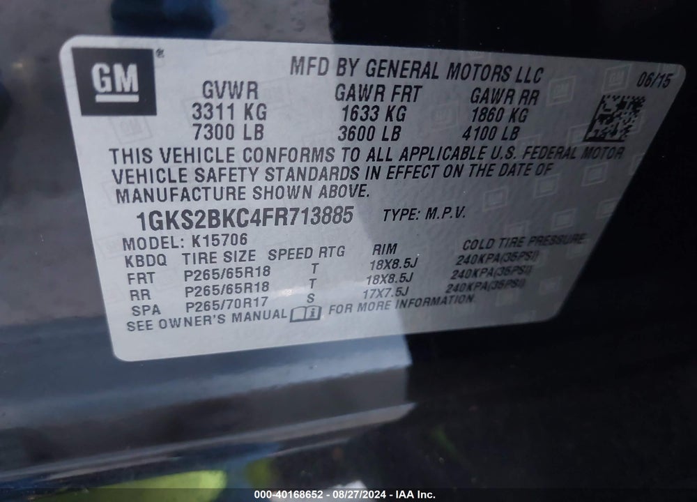 2015 GMC YUKON SLT VIN: 1GKS2BKC4FR713885