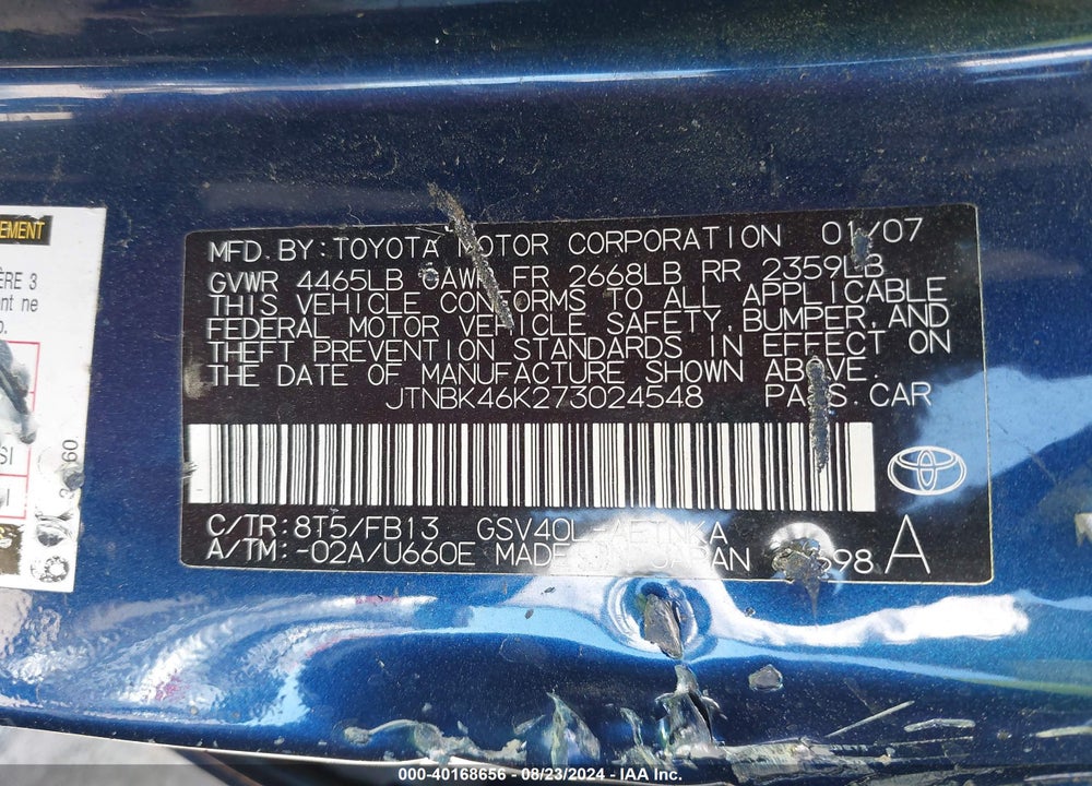 2007 TOYOTA CAMRY LE V6 VIN: JTNBK46K273024548