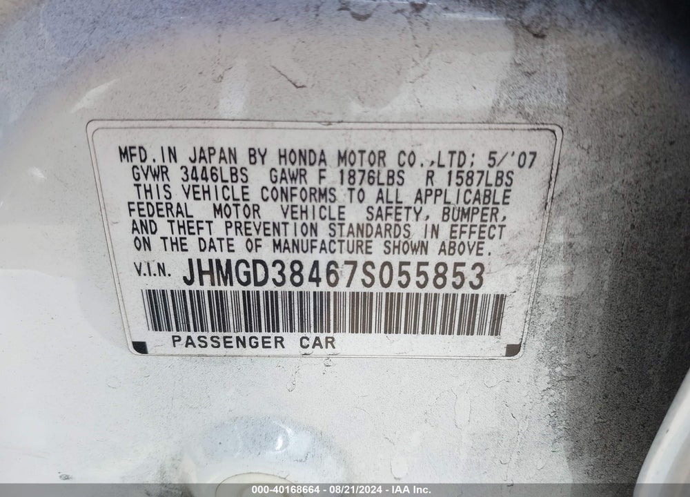 2007 HONDA FIT VIN: JHMGD38467S055853