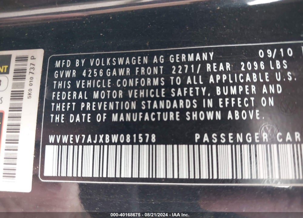 2011 VOLKSWAGEN GTI 2-DOOR VIN: WVWEV7AJXBW081578