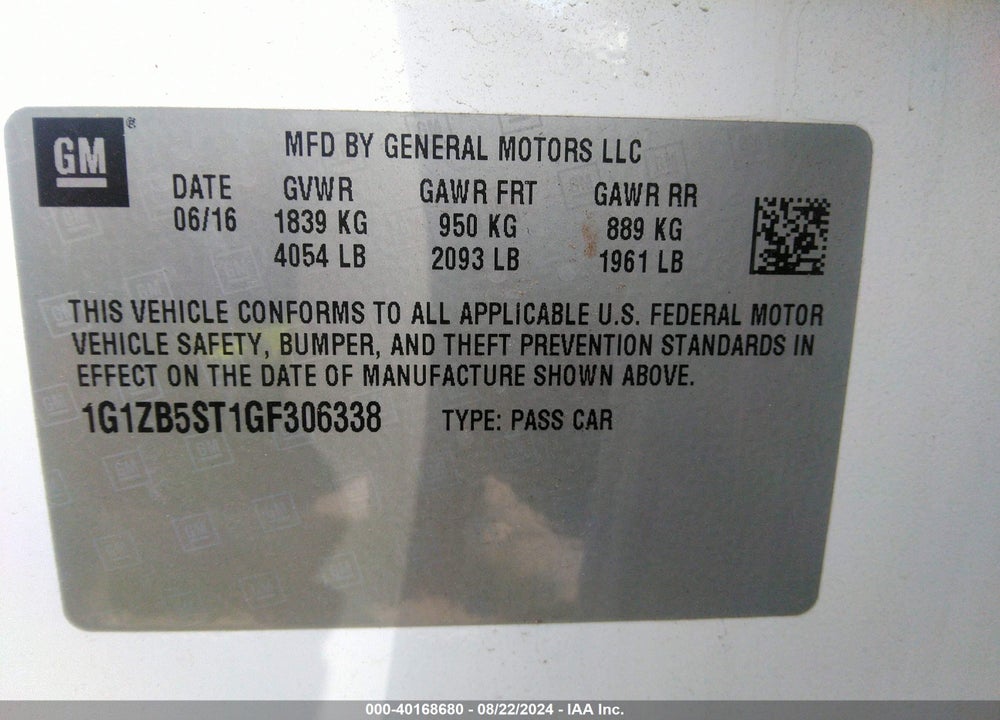 2016 CHEVROLET MALIBU LS VIN: 1G1ZB5ST1GF306338
