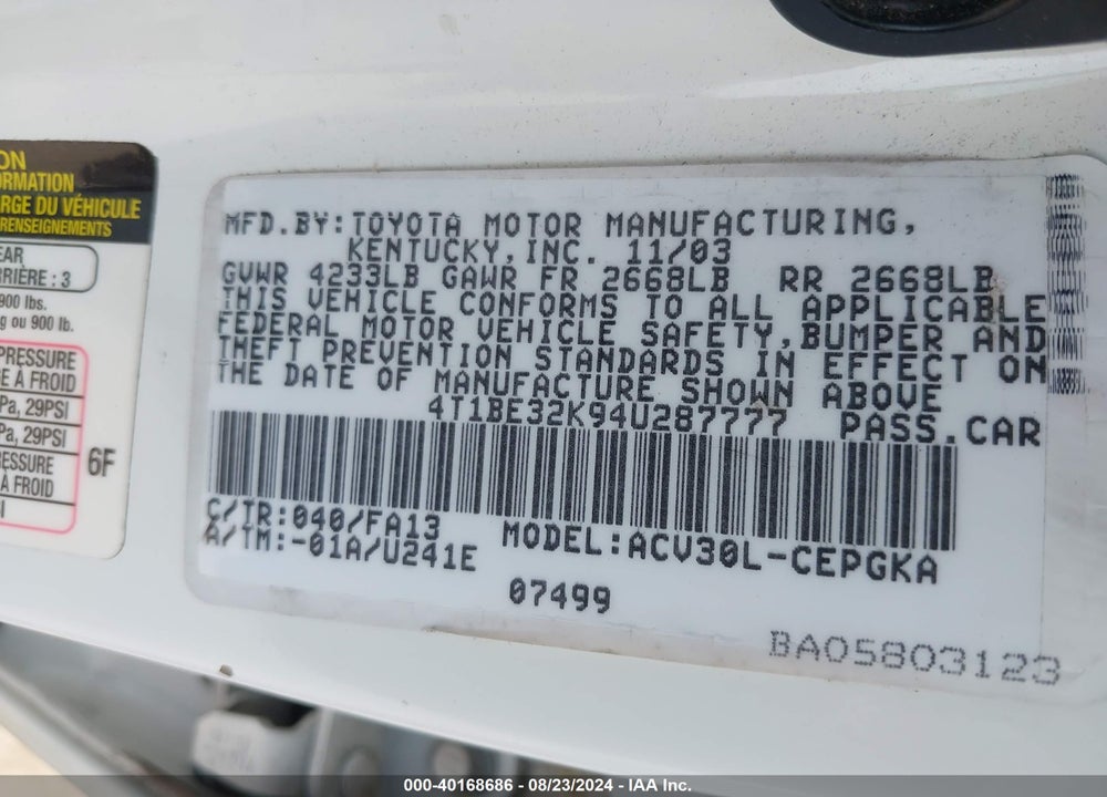 2004 TOYOTA CAMRY XLE VIN: 4T1BE32K94U287777