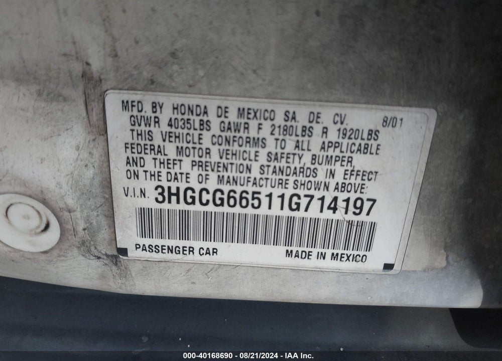 2001 HONDA ACCORD 2.3 LX VIN: 3HGCG66511G714197