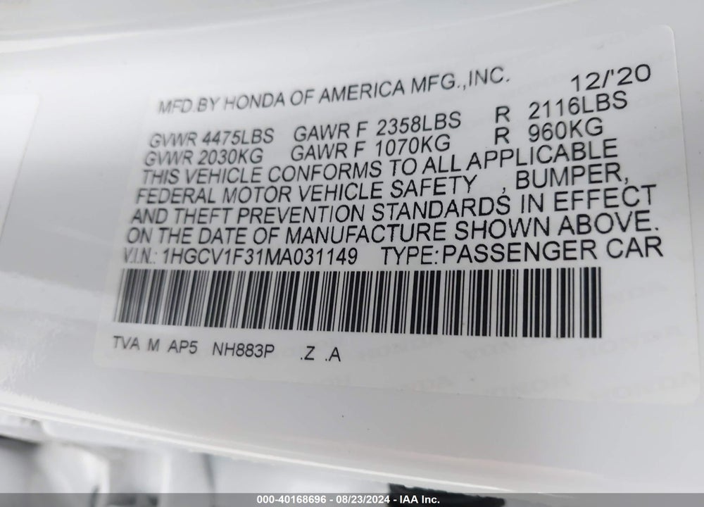 2021 HONDA ACCORD SPORT VIN: 1HGCV1F31MA031149