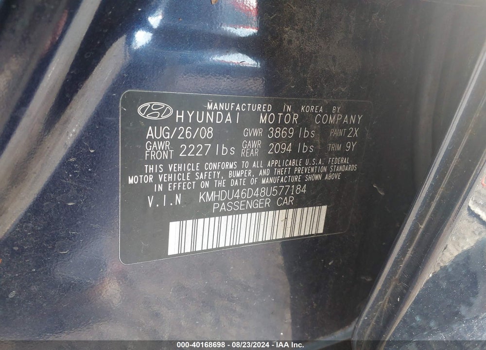 2008 HYUNDAI ELANTRA VIN: KMHDU46D48U577184