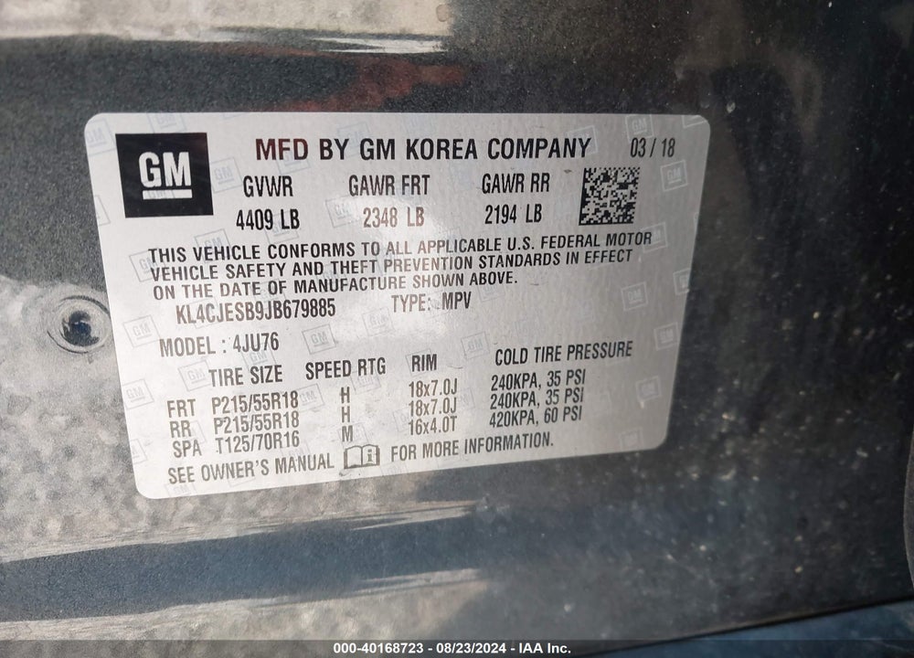 2018 BUICK ENCORE PREFERRED VIN: KL4CJESB9JB679885