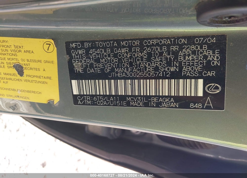 2005 LEXUS ES 330 VIN: JTHBA30G255057412