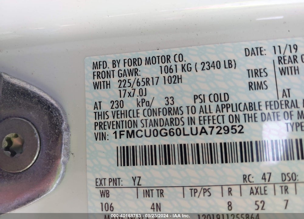 2020 FORD ESCAPE SE VIN: 1FMCU0G60LUA72952