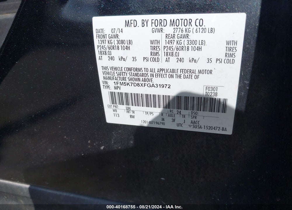 2015 FORD EXPLORER XLT VIN: 1FM5K7D8XFGA31972