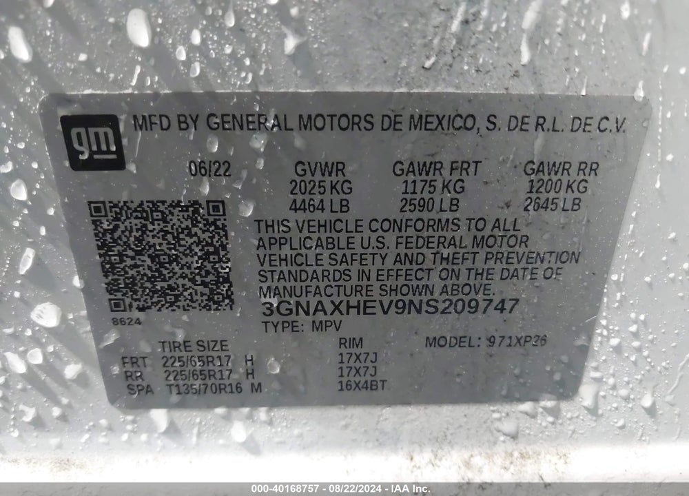 2022 CHEVROLET EQUINOX VIN: 3GNAXHEV9NS209747