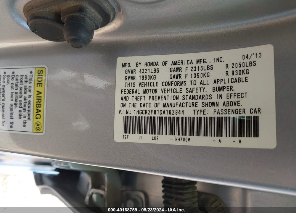 2013 HONDA ACCORD EX-L VIN: 1HGCR2F81DA162944
