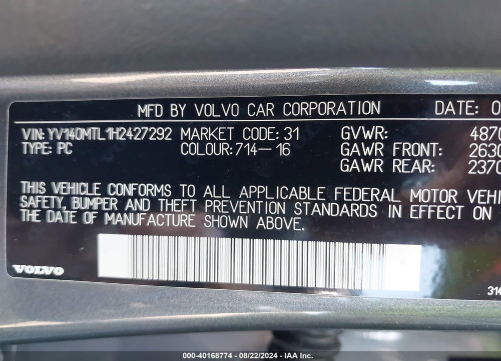 2017 VOLVO S60 T5 DYNAMIC VIN: YV140MTL1H2427292