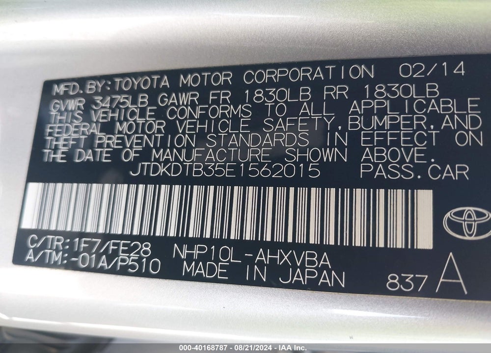 2014 TOYOTA PRIUS C ONE VIN: JTDKDTB35E1562015