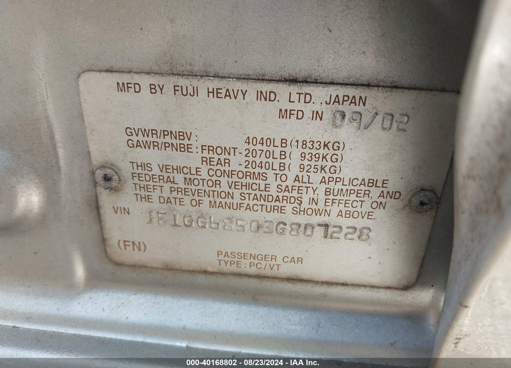 2003 SUBARU IMPREZA OUTBACK SPORT VIN: JF1GG68503G807228