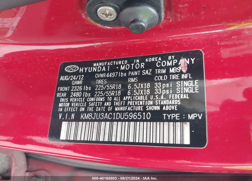 2013 HYUNDAI TUCSON LIMITED VIN: KM8JU3AC1DU596510