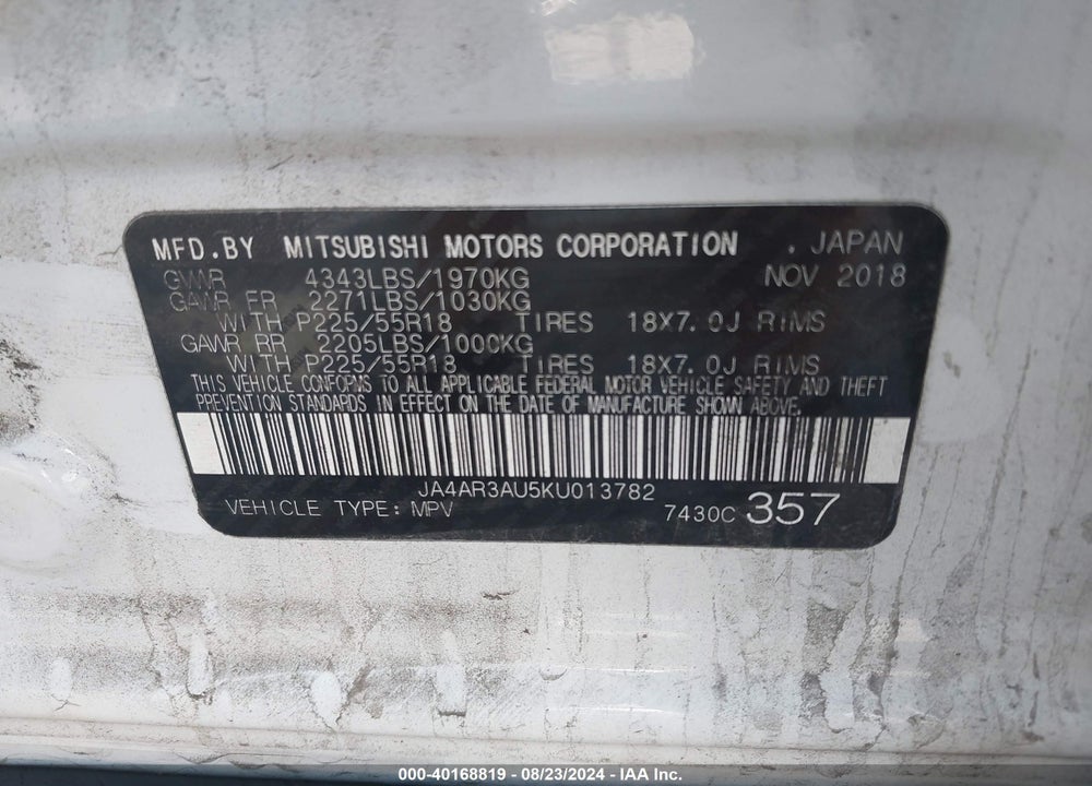 2019 MITSUBISHI OUTLANDER SPORT 2.0 LE VIN: JA4AR3AU5KU013782