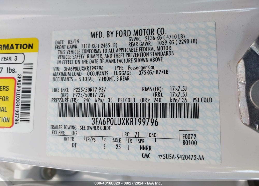 2019 FORD FUSION HYBRID SE VIN: 3FA6P0LUXKR199796