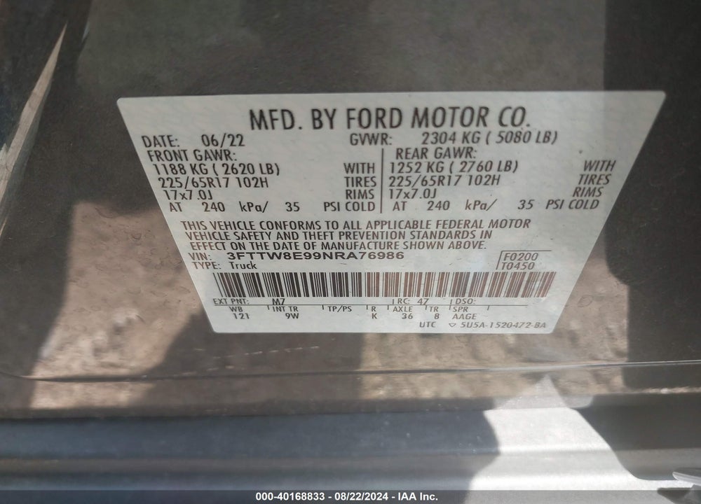 2022 FORD MAVERICK XL VIN: 3FTTW8E99NRA76986