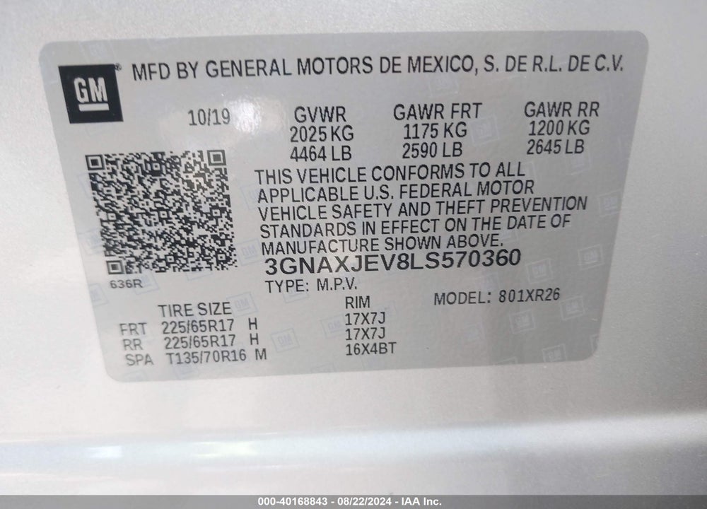 2020 CHEVROLET EQUINOX VIN: 3GNAXJEV8LS570360