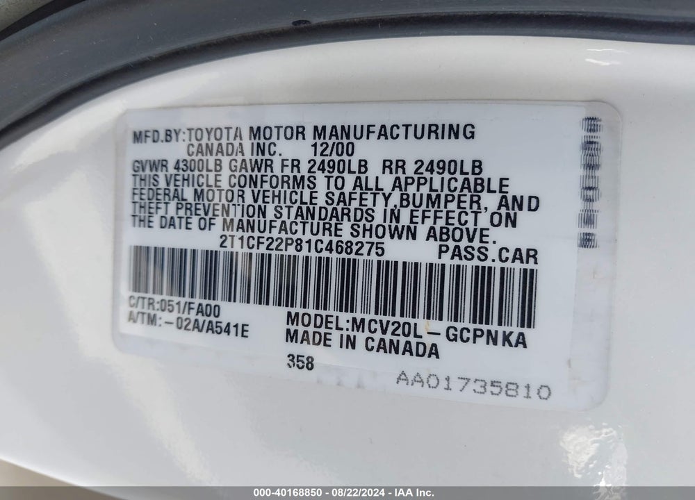 2001 TOYOTA CAMRY SOLARA SE V6 VIN: 2T1CF22P81C468275