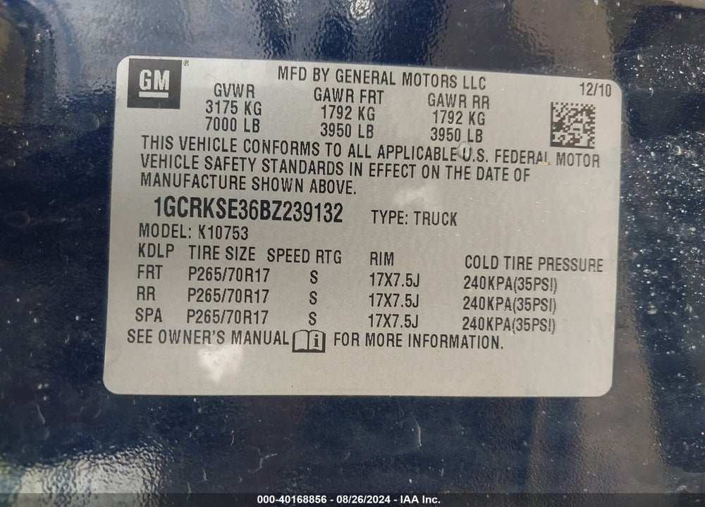 2011 CHEVROLET SILVERADO 1500 LT VIN: 1GCRKSE36BZ239132