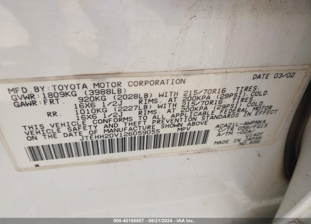2002 TOYOTA RAV4 VIN: JTEHH20V126059055