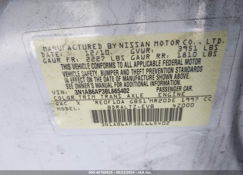 2011 NISSAN SENTRA 2.0SR VIN: 3N1AB6AP3BL665402
