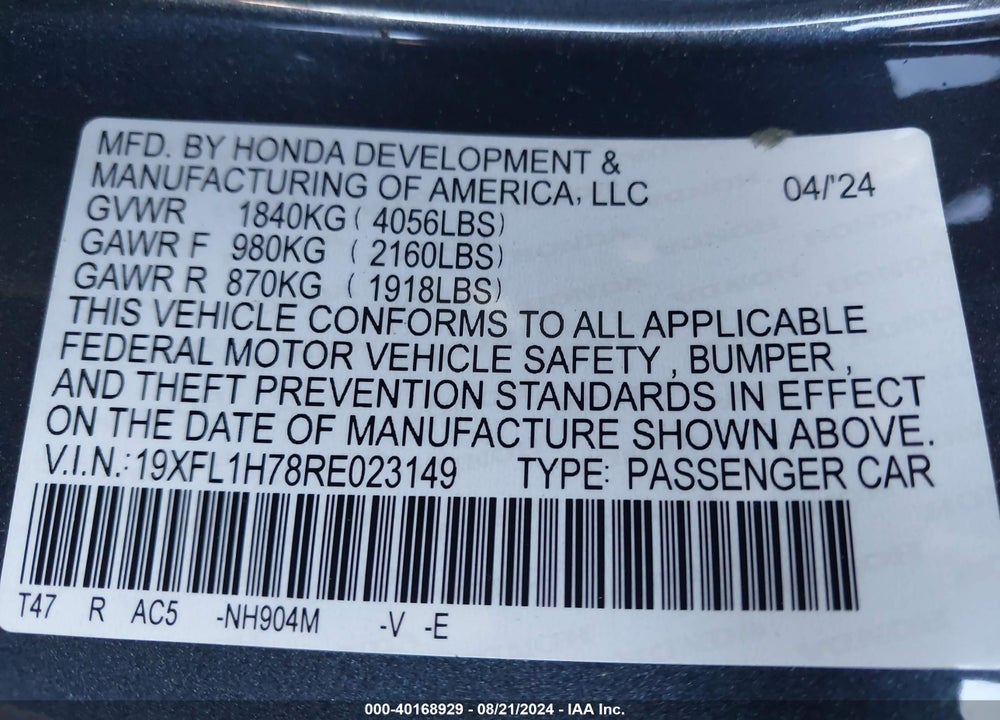 2024 HONDA CIVIC EX-L VIN: 19XFL1H78RE023149