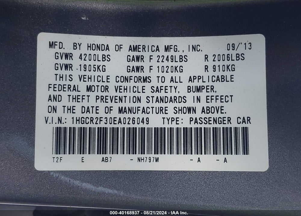 2014 HONDA ACCORD LX VIN: 1HGCR2F30EA026049