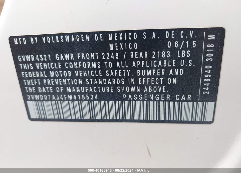 2015 VOLKSWAGEN JETTA 1.8T SE VIN: 3VWD07AJ4FM418534