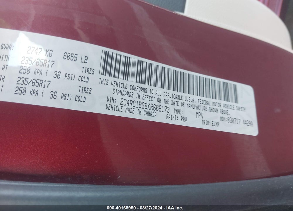2019 CHRYSLER PACIFICA TOURING L VIN: 2C4RC1BG6KR666173