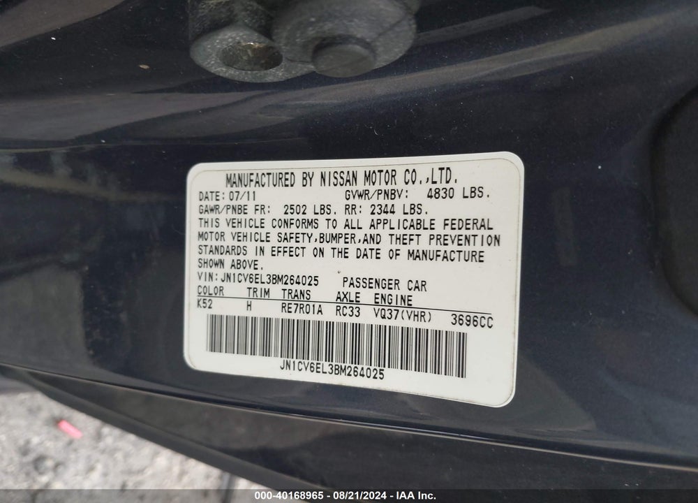 2011 INFINITI G37X VIN: JN1CV6EL3BM264025