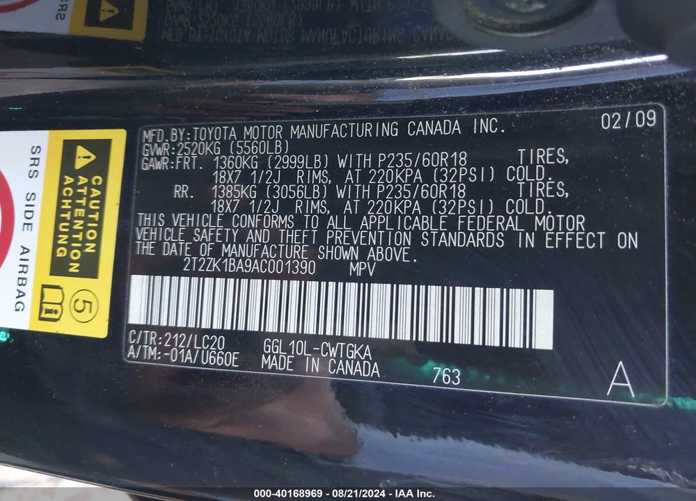 2010 LEXUS RX 350 VIN: 2T2ZK1BA9AC001390