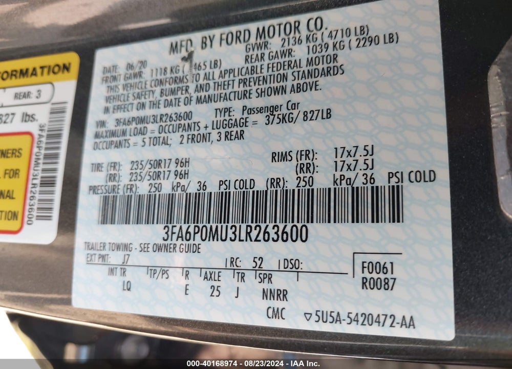 2020 FORD FUSION HYBRID SEL VIN: 3FA6P0MU3LR263600